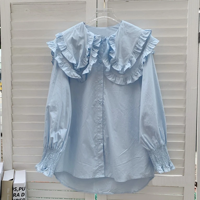 

Button Up Shirts Women Peter Pan Collar Ruffles Long Sleeve Ruffles Blue White Blouse Chic Flare Sleeve Cotton Loose Tops