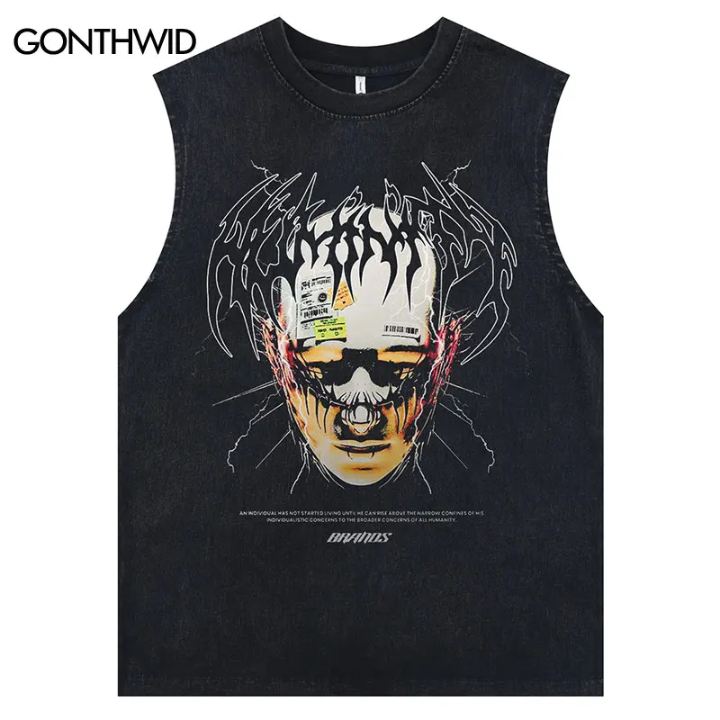 Винтажная черная майка уличная одежда жилет без рукавов в стиле панк с