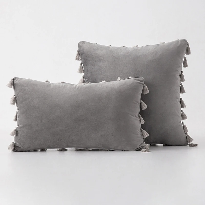 Promotion New Tassel Velvet Sofa Pillow Cover Solid Color Plush Bedside Rectangular Cushion Fringe Pillowcase Vintage Knot |