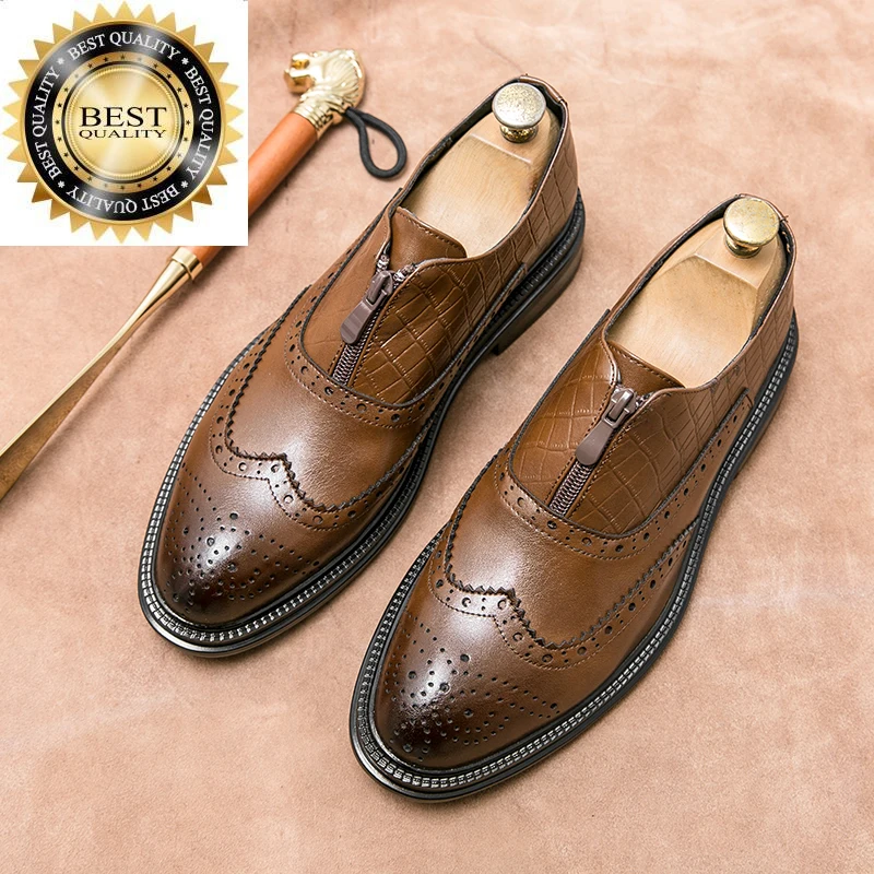 

casual Classic Spring Brogue brand shoes brown lace-up leather mens high quality Comfortable business office dress