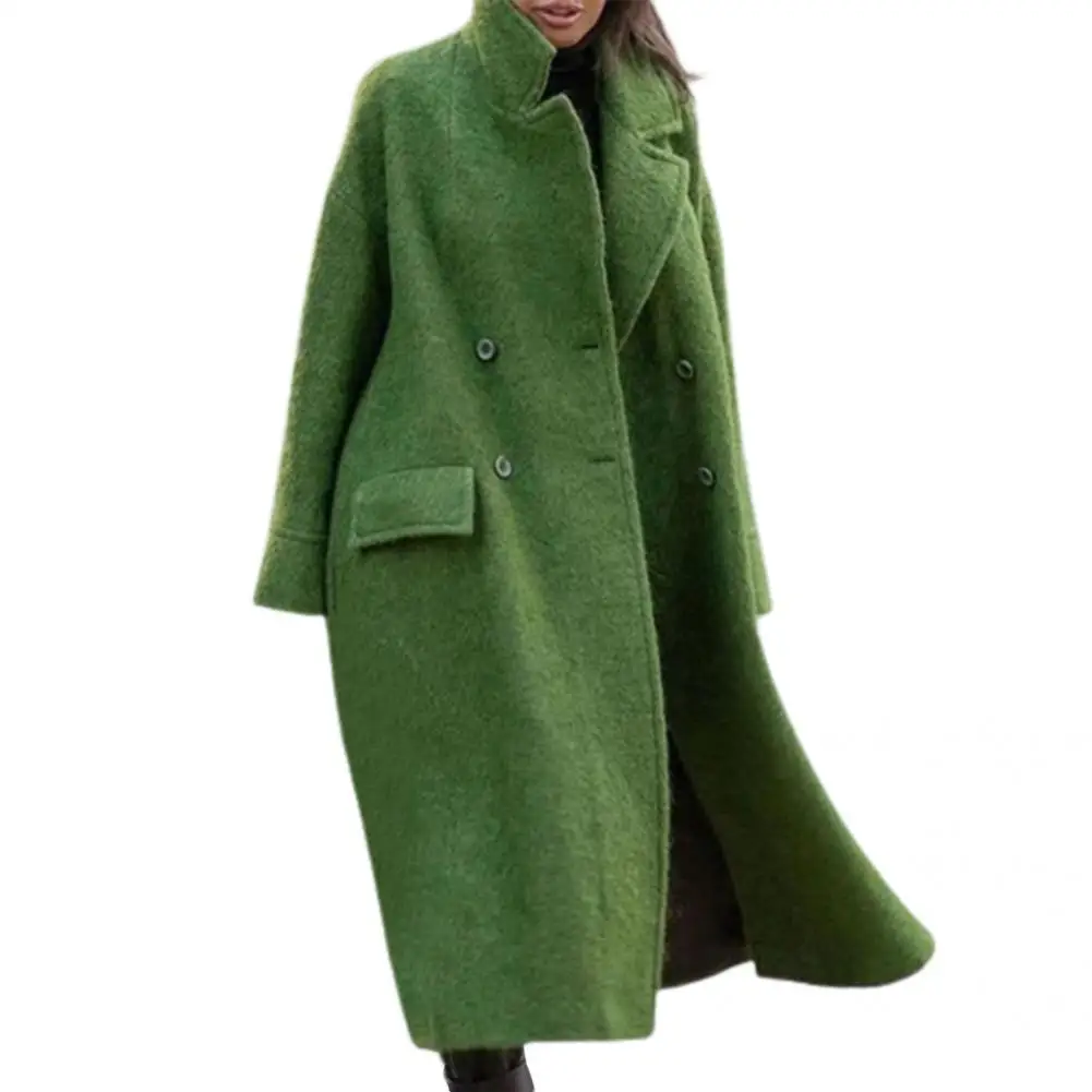 

Long Sleeve Long Sleeve Green Women Coat Woolen Coat Autumn Winter Lapel Flap Pockets Long Warm Woolen Coat for Date