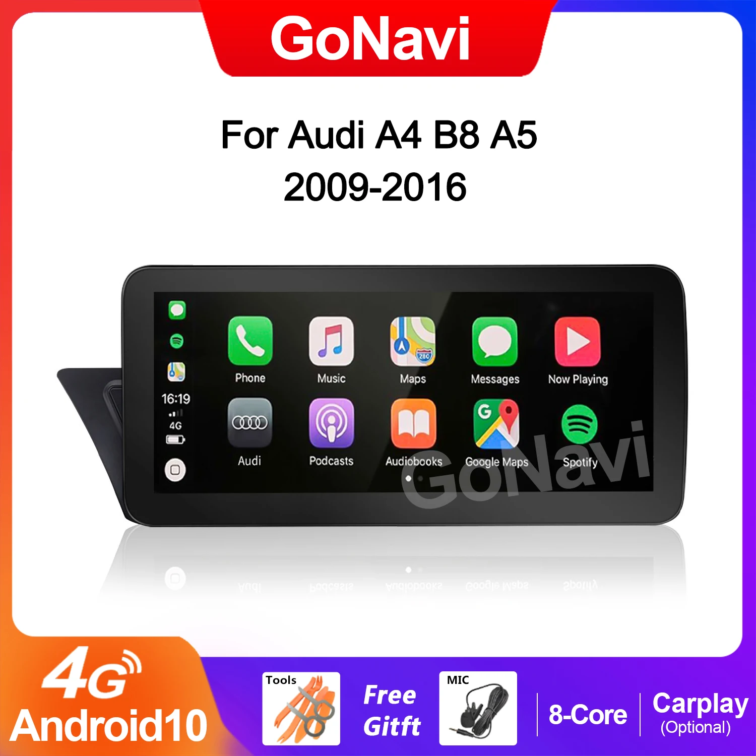 

GoNavi 8-ядерный Android 10 Автомобильная стерео для Audi A4 B8 A5 2009-2016 WIFI 4G LTE Carplay 4 + 64 Гб RAM SWC IPS сенсорный экран GPS Navi