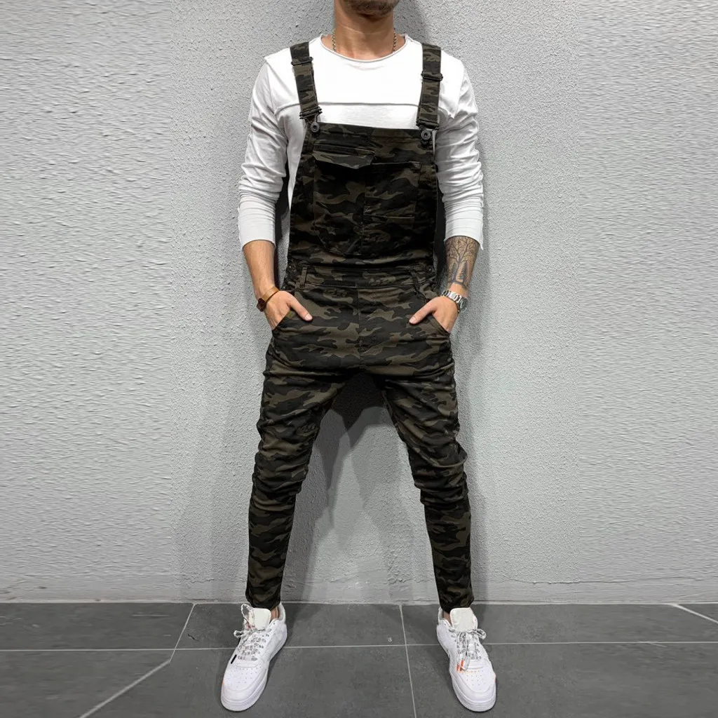 Mens Pocket Jeans Overall Jumpsuit Streetwear Overall Suspender Pants