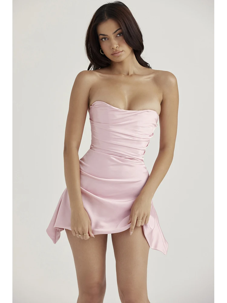 

Sexy Strapless Pleated Satin Mini Dress Elegant Pink Backless Sleeveless Ruched Mini Dress Celebrity Birthday Club Party Dress