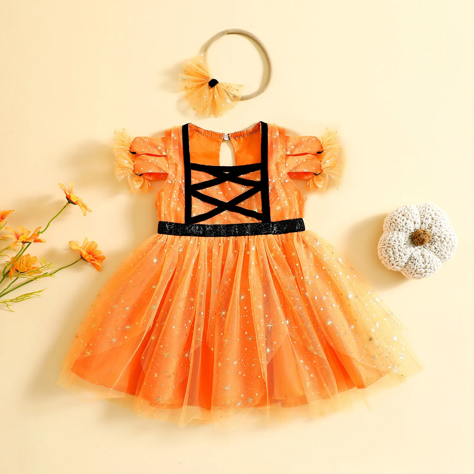 

Baby Girls Halloween Party Dress Cosplay Costume with Bow Headband Hollow Mesh Square Neck Summer Toddler Girls Clothing