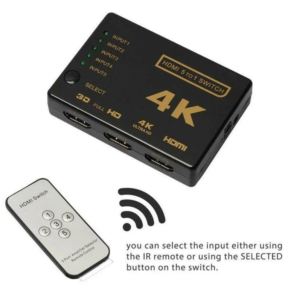 HDMI 4K*2K Mini Switcher 5 In 1 Out Splitter Selector with Remote Control IR Infrared Receiver