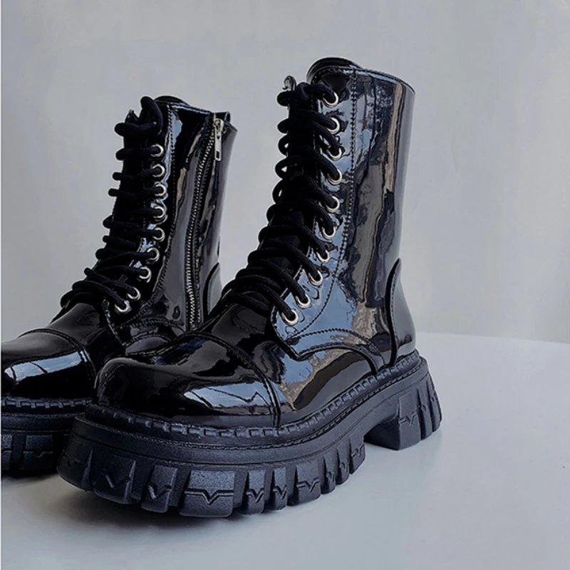 

Leather Zipper Short Luxury Ankle Winter Brand Designer Platform Chunky Heel Motorcycle Combat Women Boots Lace Up Ladies Shoes