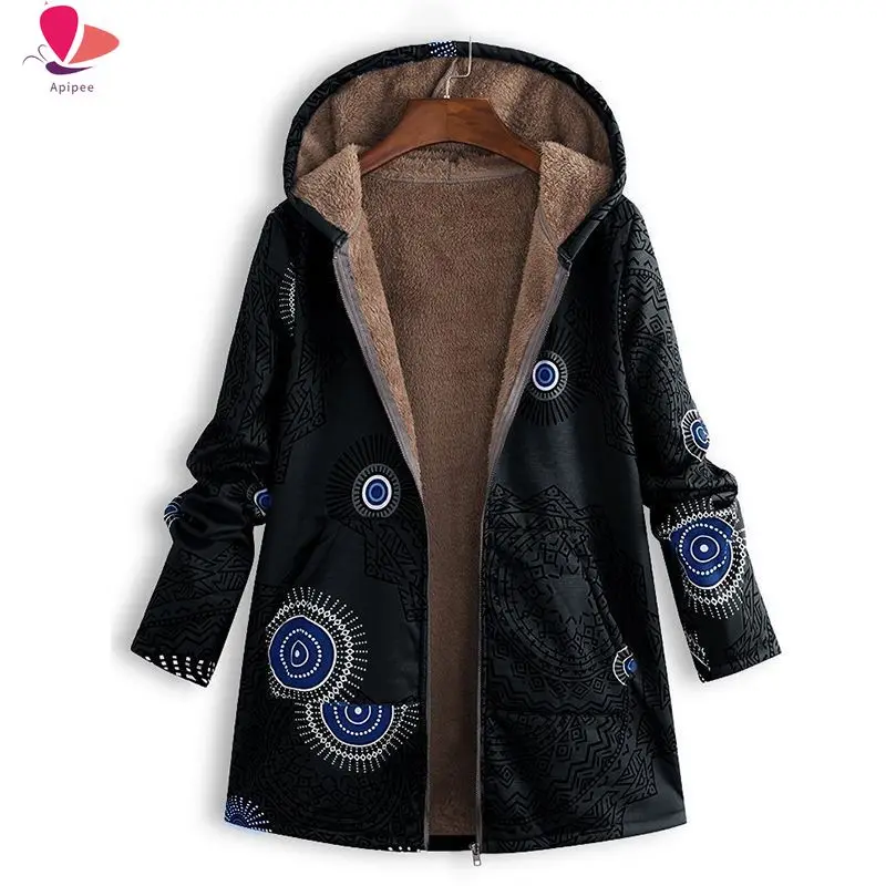 

Женская винтажная куртка с капюшоном, теплое пальто с цветочным принтом и длинным рукавом, зимняя верхняя одежда