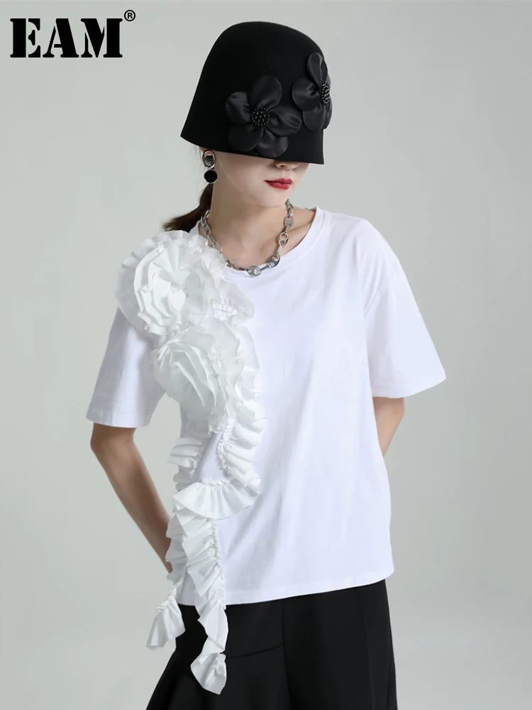 

[EAM] Women Three-dimensional Flower Ruffles Casual T-shirt New Round Neck Short Sleeve Fashion Tide Spring Summer 2022 1DE7157