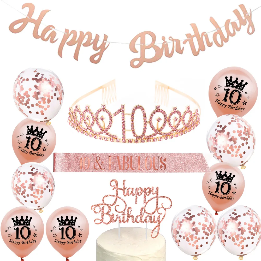 

FANGLELAND Birthday Party 10/13/16/18 Digital Headband Strap Set Rose Gold Print Balloon Cake Topper Birthday Party Decorations