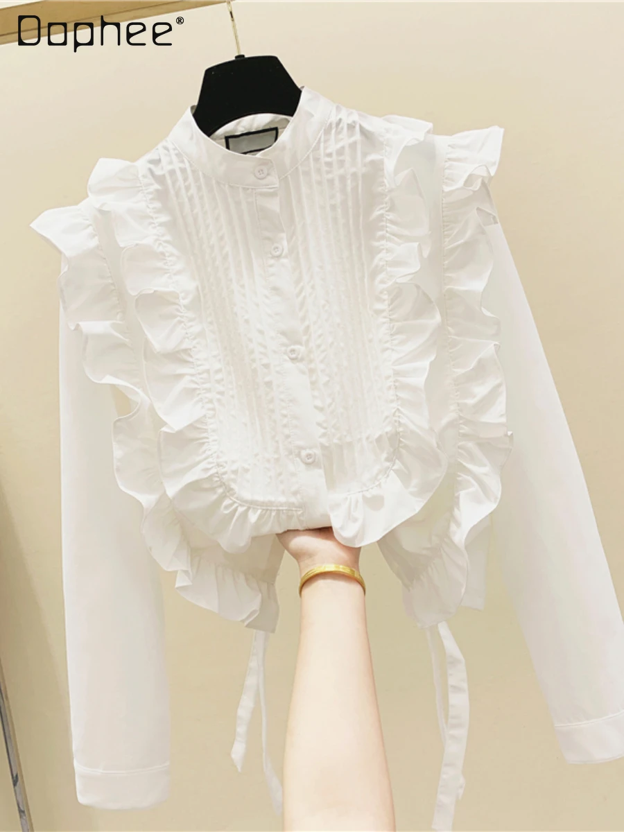 

Lace-up Ruffle Pleated Stand Collar White Button Up Shirt Harajuku 2022 Spring and Autumn New Long Sleeve Top for Women Fashion