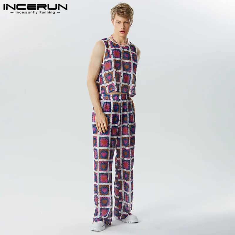 

INCERUN 2023 American Style New Men's Casual Sets Sleeveless Vests Long Pants Handsome Male Fashion Tracery Two-piece Sets S-5XL