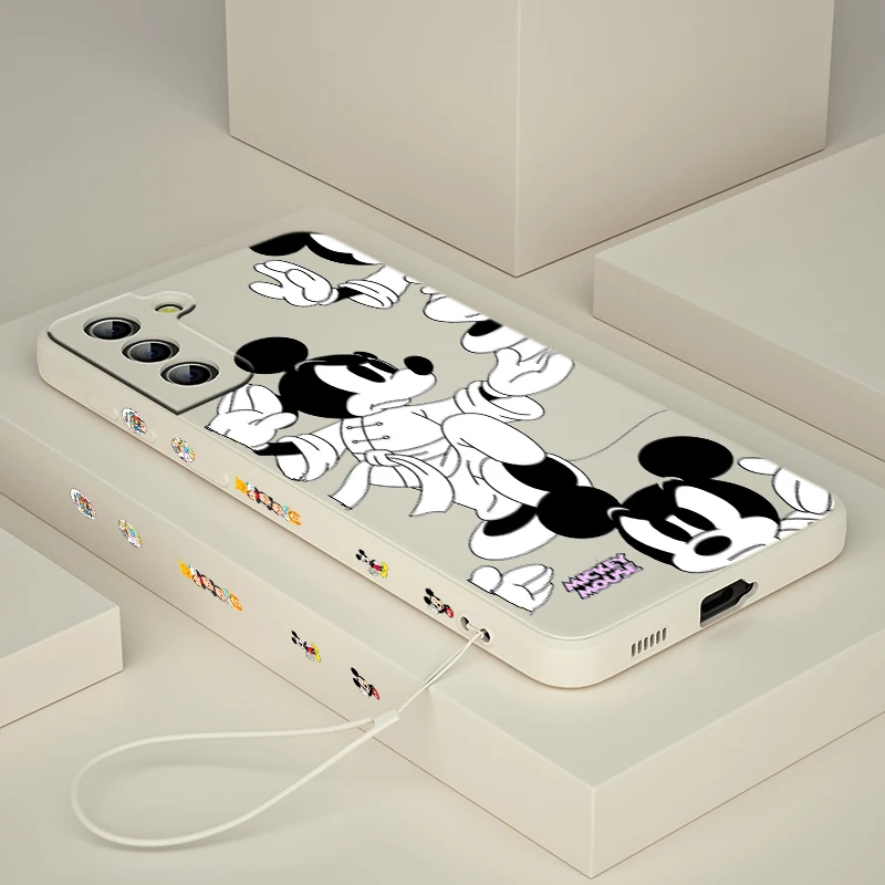 

Cute Cartoon Mickey Anime Phone Case For Samsung Galaxy S22 S21 S20 S10 Note 20 10 Ultra Plus Pro FE Lite Liquid Left Rope Cover