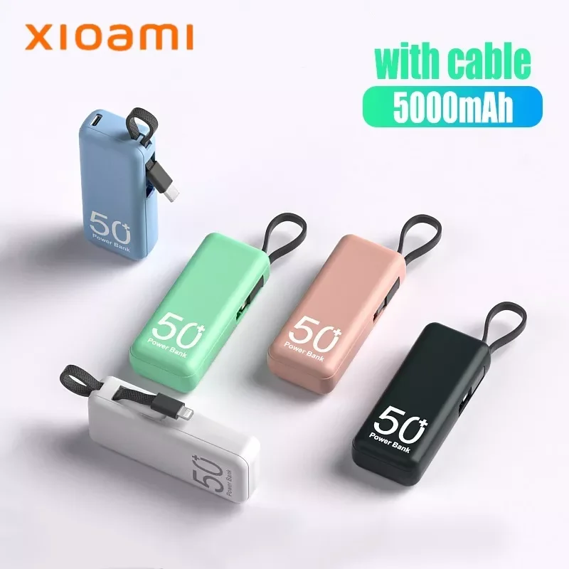 

NEW2023 5000mAh Portable Power Bank Built in Cable External Spare Battery Pack Mini Powerbank For iPhone 14 13 Samsung S22 Xiaom