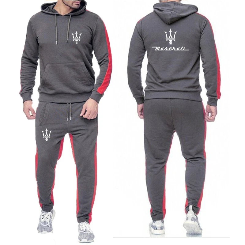 New Maserati Logo Printed Custom Made Brand Solid Color Men Pullover Hoodie+Pants Drawstring Leisure Sportswear Man Suit Trend