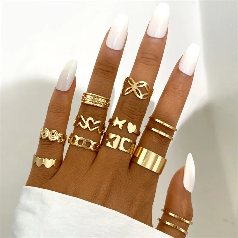 Buy Heart Butterfly Rings Set For Women 11pcs Vintage Gold Color Round Hollow Finger Women's Trendy Jewelry Gift on
