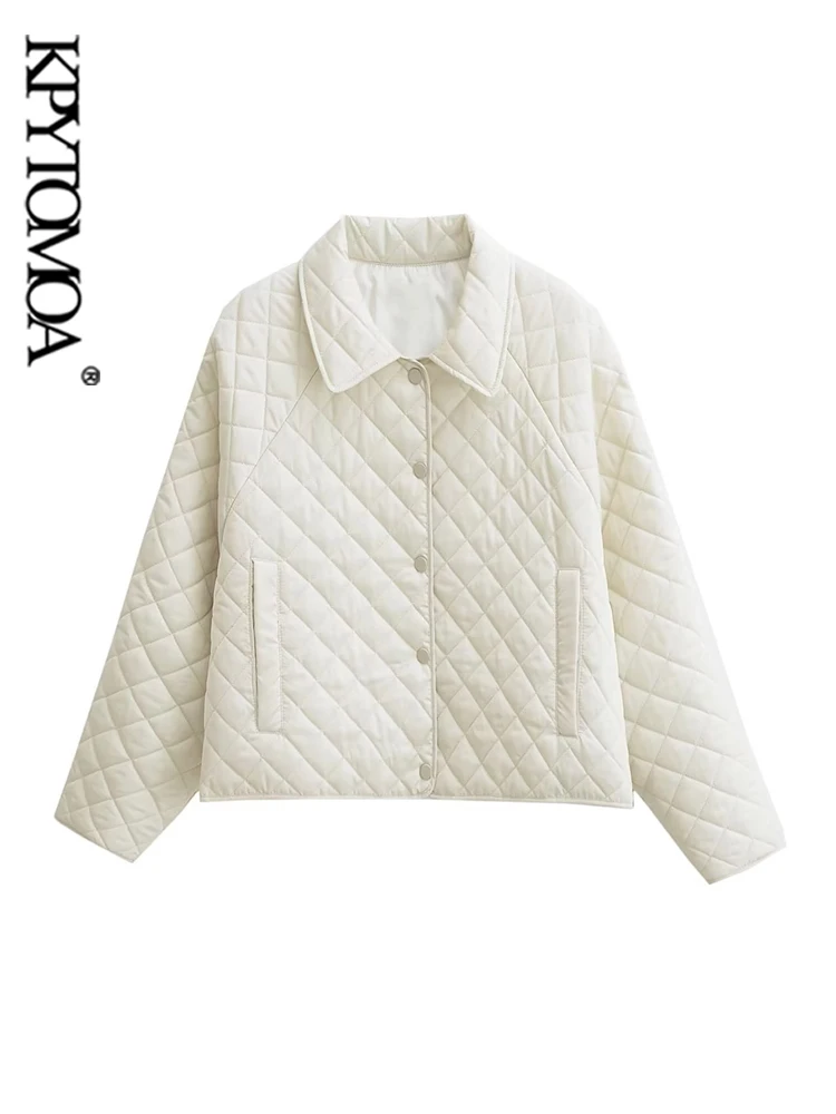 

KPYTOMOA Women Fashion Oversized Padded Jacket Coat Vintage Long Sleeve Front Button Female Outerwear Chic Tops