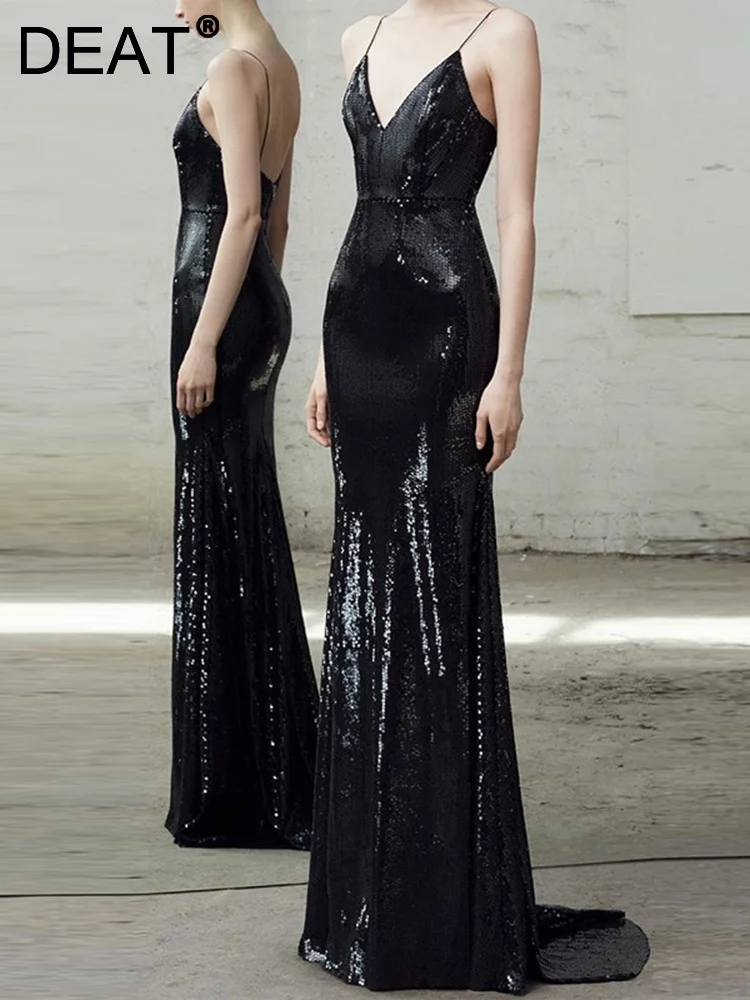 

Женское вечернее платье [DEAT], черное облегающее платье с блестками и открытой спиной для тренировок, 13 db649, лето 2023