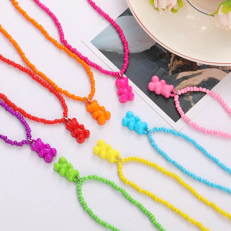 

Ins Korean Bear Pendant Necklace for Women Fashion Color Bead Chain Necklaces Gothic Jewelry Party Gift Accessories 2022 New