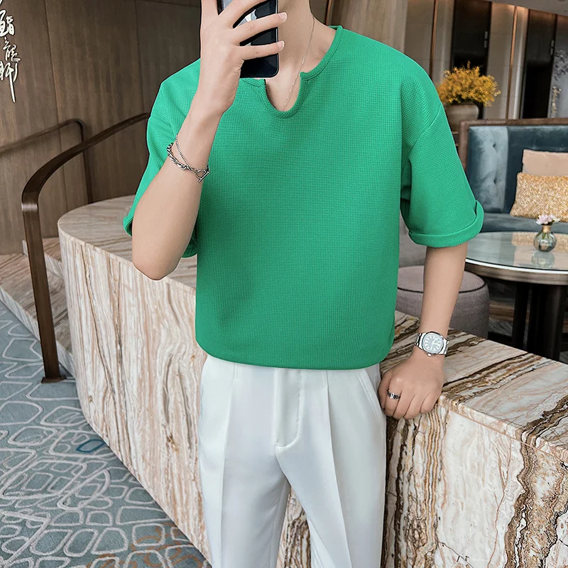 

Summer 4 Colors Plaid T-shirt Men Fashion Casual V-neck T-shirt Men Korean Version Loose Short-sleeved T Shirt Mens Top M-3XL