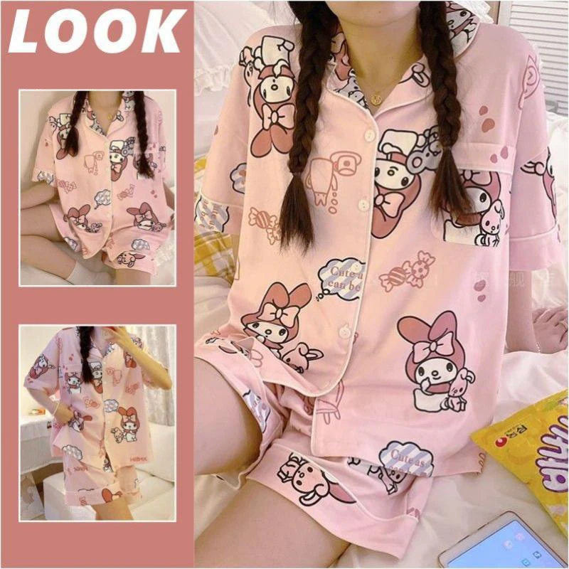 

Kawaii Sanrios Hello Kitty Kuromi Teenager Girl Pajamas Sets My Melody Cinnamoroll Cartoon Summer Casual Short Sleeve Nightdress