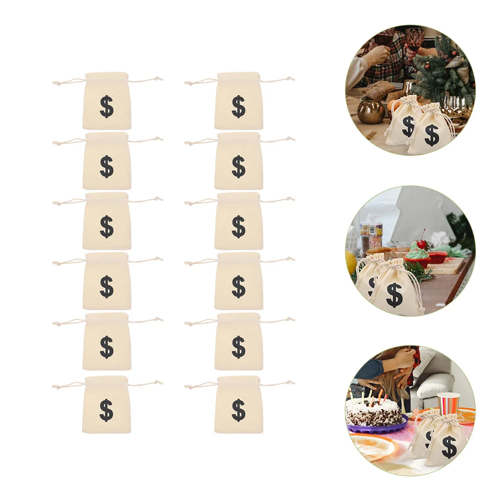 

12 Pcs Money Prop Dollar Drawstring Bag Pouch Storage Bags Treasure Sign Canvas