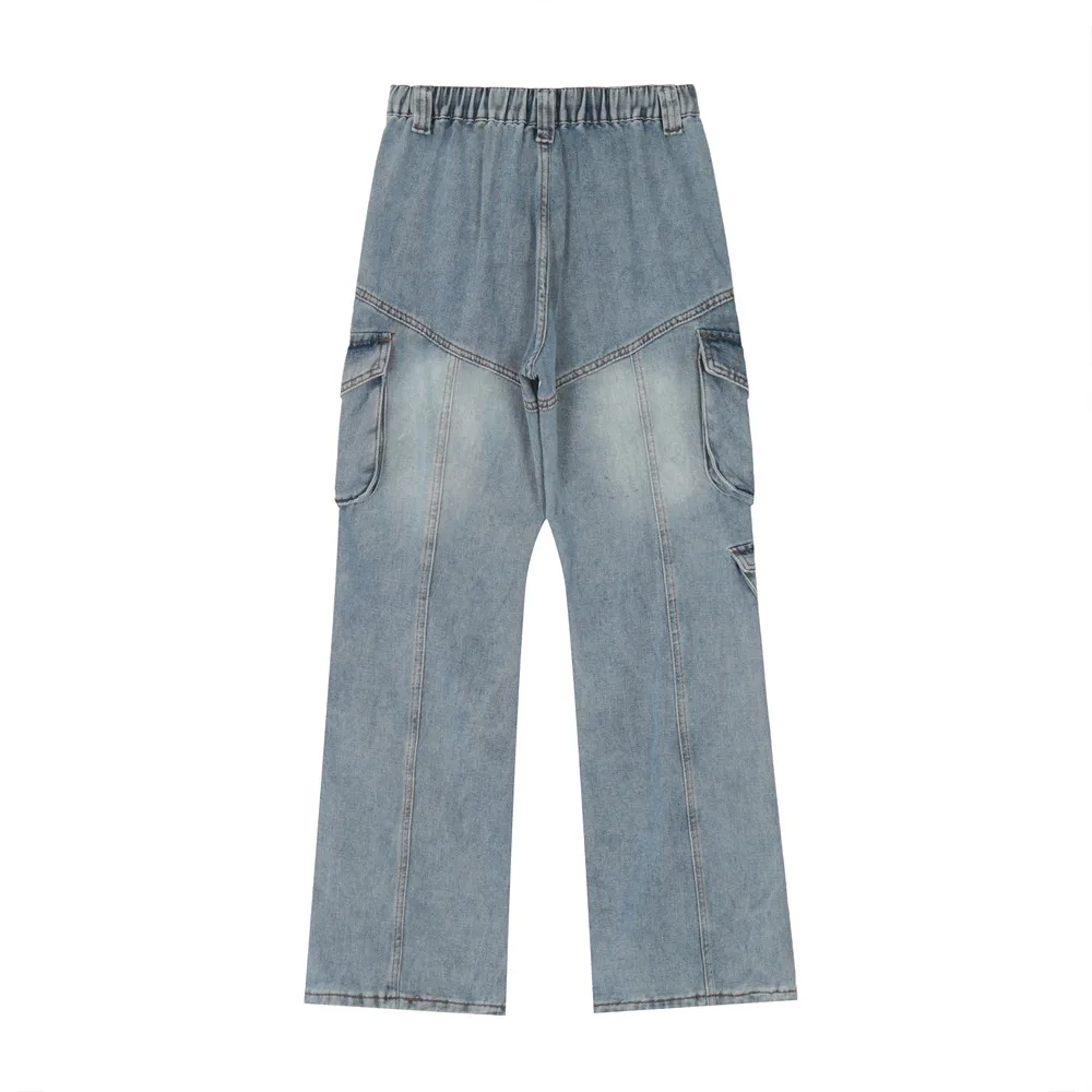 INS American pocket design tooling functional jeans men's loose trend wash water grinding white straight wide-leg long pants