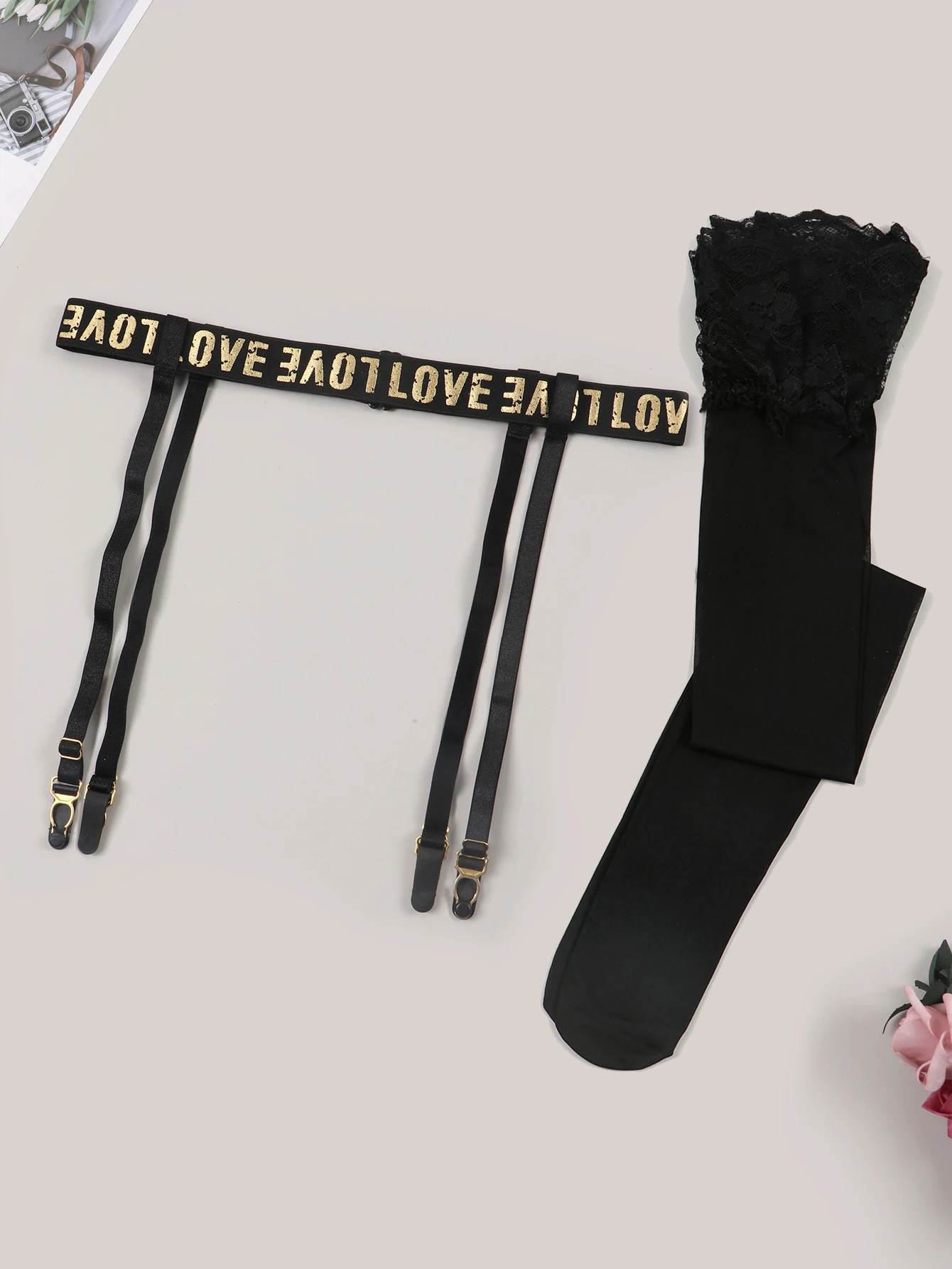 

CYHWR Women's Sexy Gold Letter Printed Garter Belt And Breathable Lace Solid Black Stockings Set