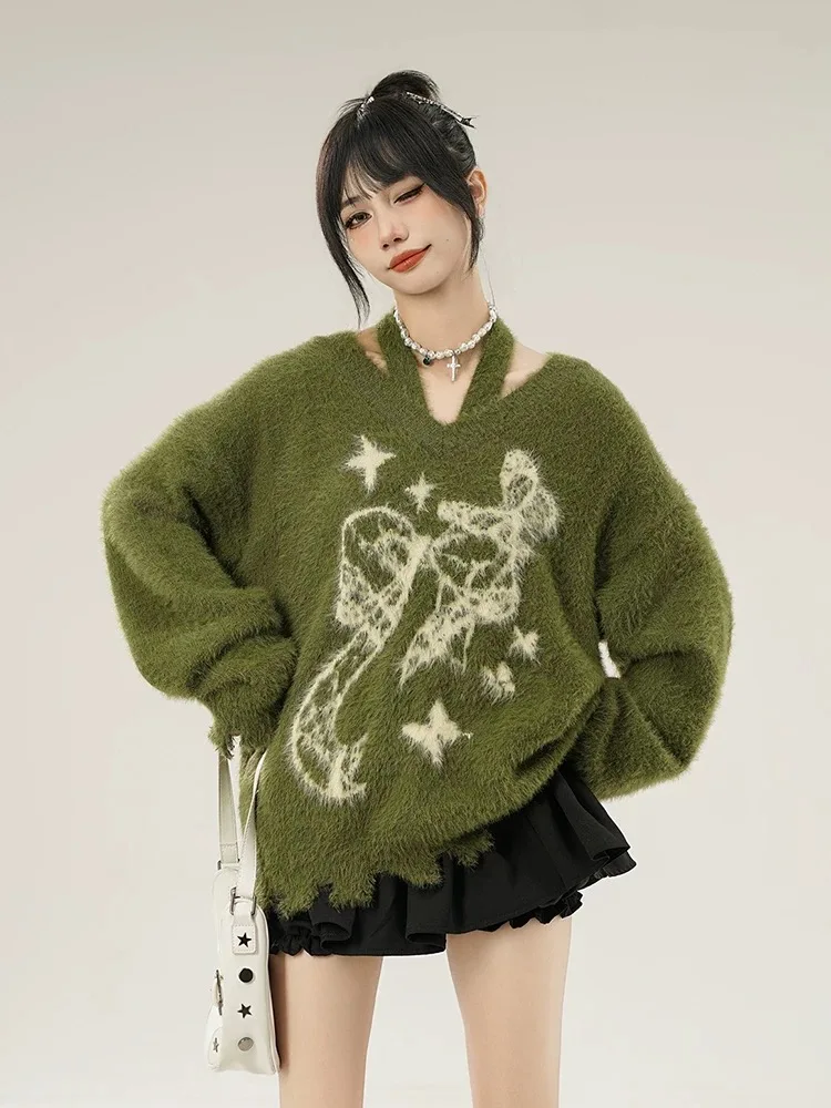 Винтажный свитер с черными дырками и ленивым принтом джемперы осень-зима новые