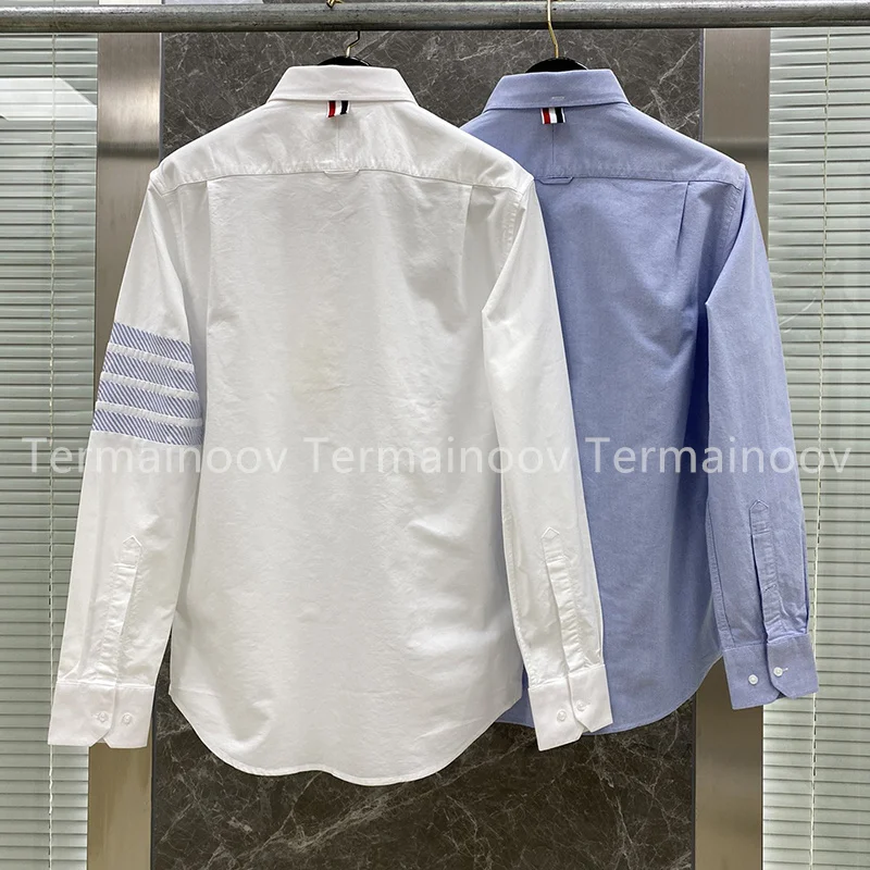 TB Shirts Men Blue Striped Brand New Dress Patchwork Full Sleeve Shirt Formal Business Men Shirts Turndown Collar Men Clothing
