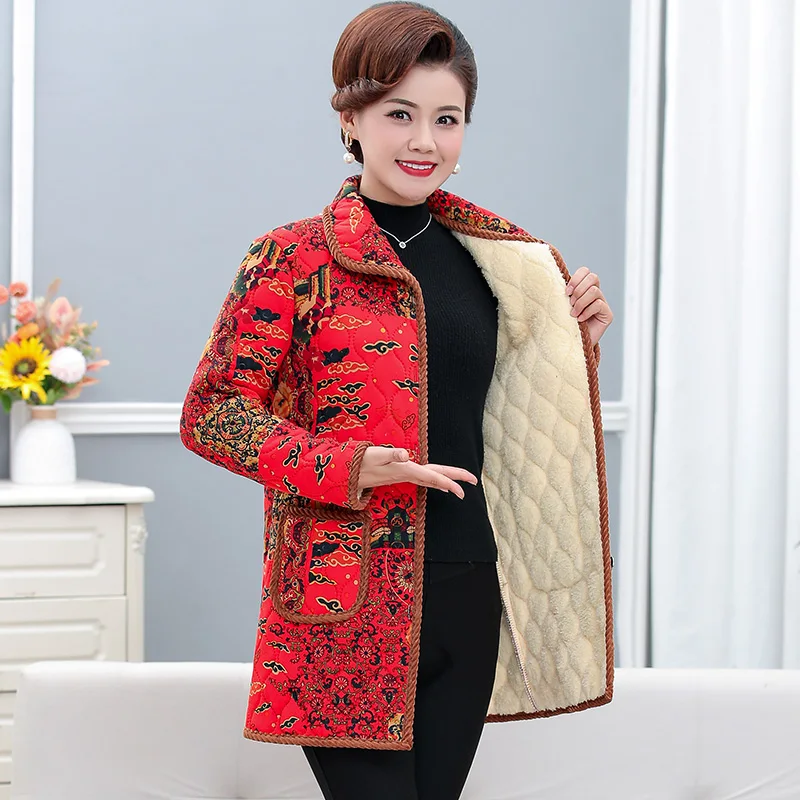 Winter Women Floral Quilted Basic Coat Red Green Blue Flower Thicken Warm Fleece Lining Overcoat Aged Woman Thermal Padded Coats