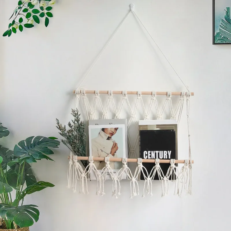 

New Hand-woven Tapestry Book Magazine Storage Net Pocket Nordic Style Cotton Rope Hanging Basket Home Homestaywall Decoration
