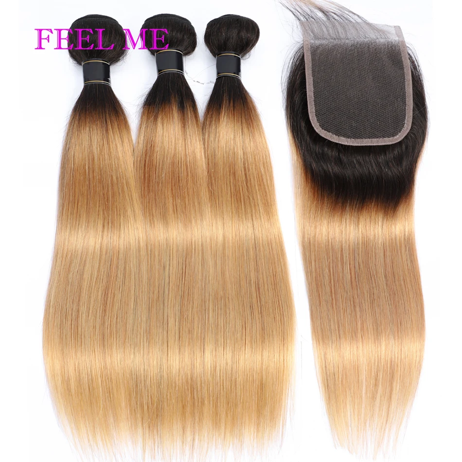 

Peruvian Straight Human Hair Bundles With Closure 3PCS 1b/27 Ombre Straight Hair Bundles With Closure 4x4 Lace Closure Remy Hair