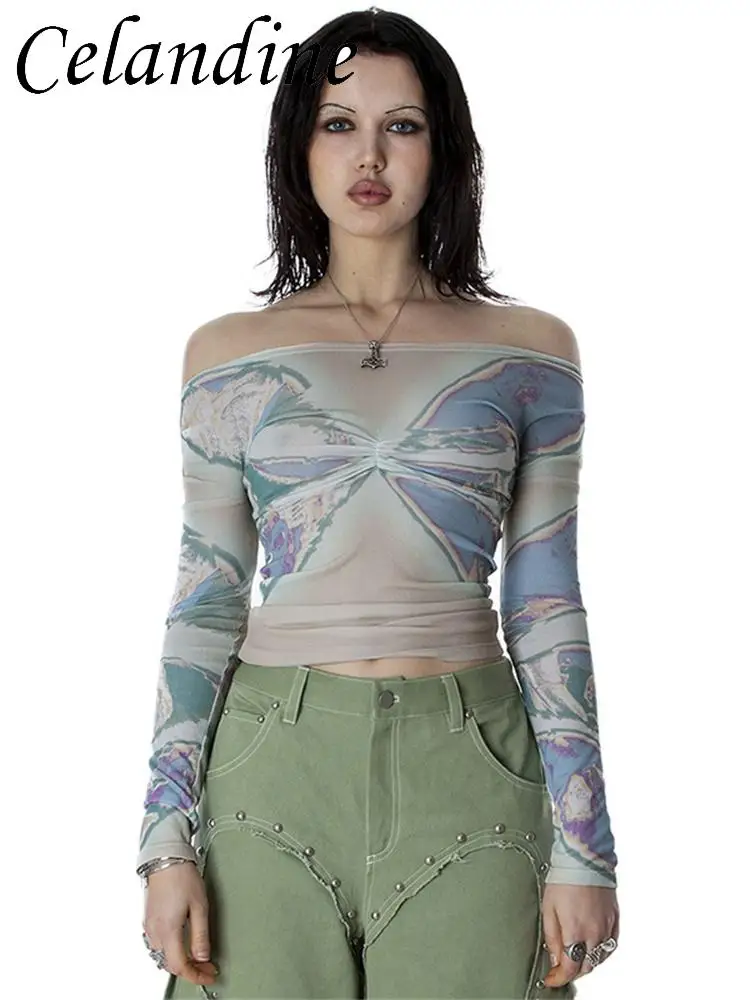 

Celandine Mesh Slash Neck Backless Off Shoulder Butterfly Print Crop Top Y2K Fall Sexy Long Sleeve T Shirts Women 2023