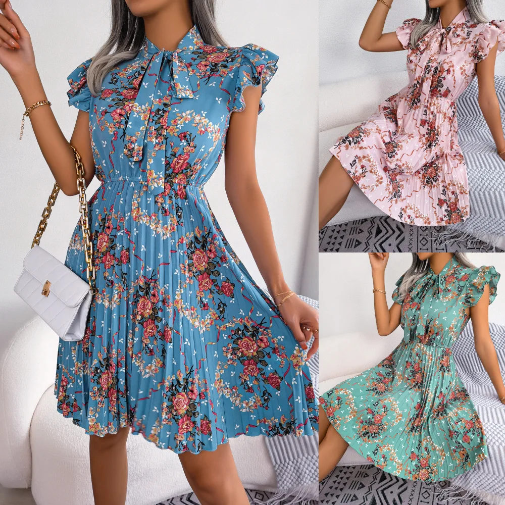 

2023 Europe and the United States spring and summer temperament flowers lace up waist large swing pleated skirt women's dress