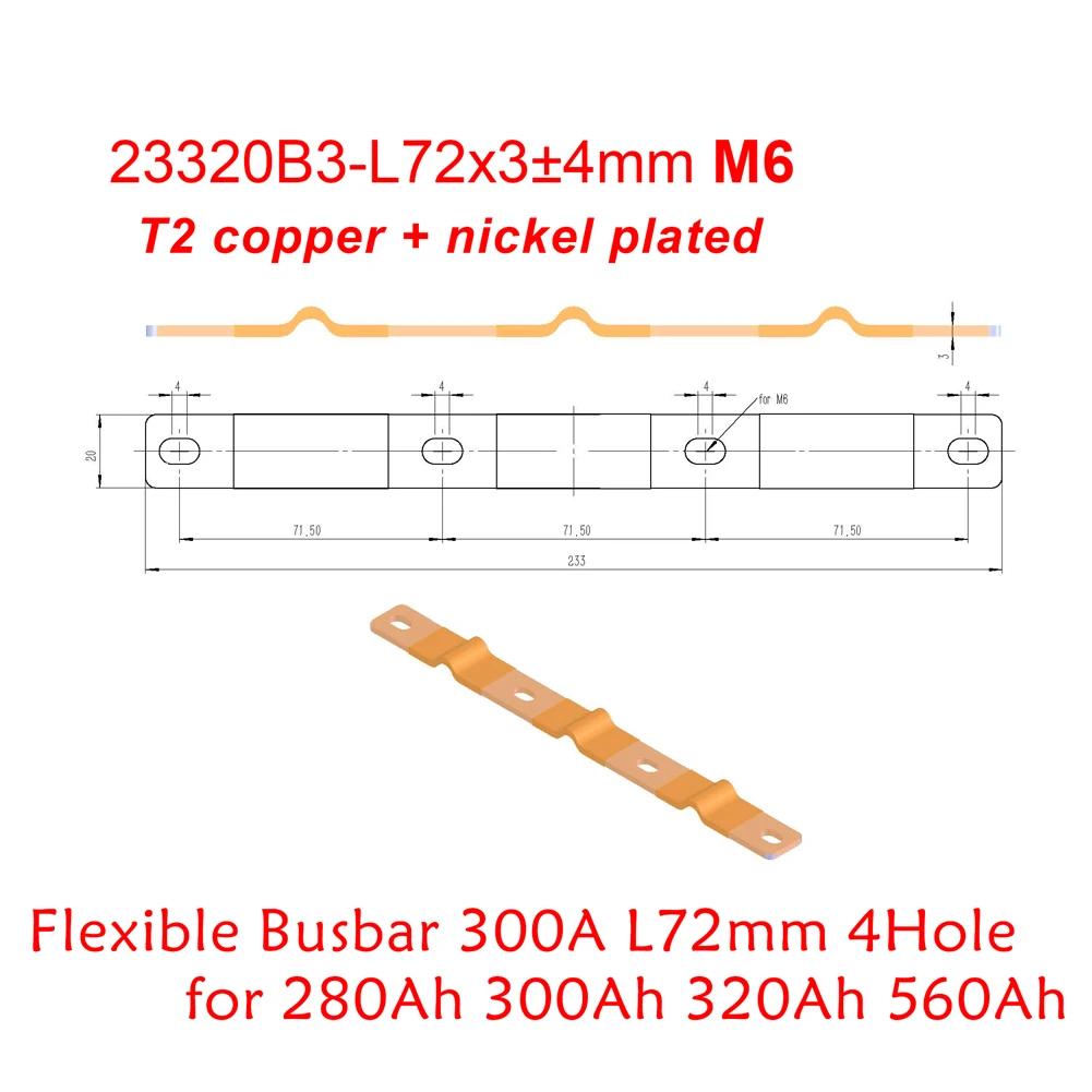 

Busbar Flexible 300A 2P for 3.2V 100AH 200AH 280AH 320AH 560AH Lifepo4 Battery Pcak Contact Parts Laminated Flat Copper Bus Bar