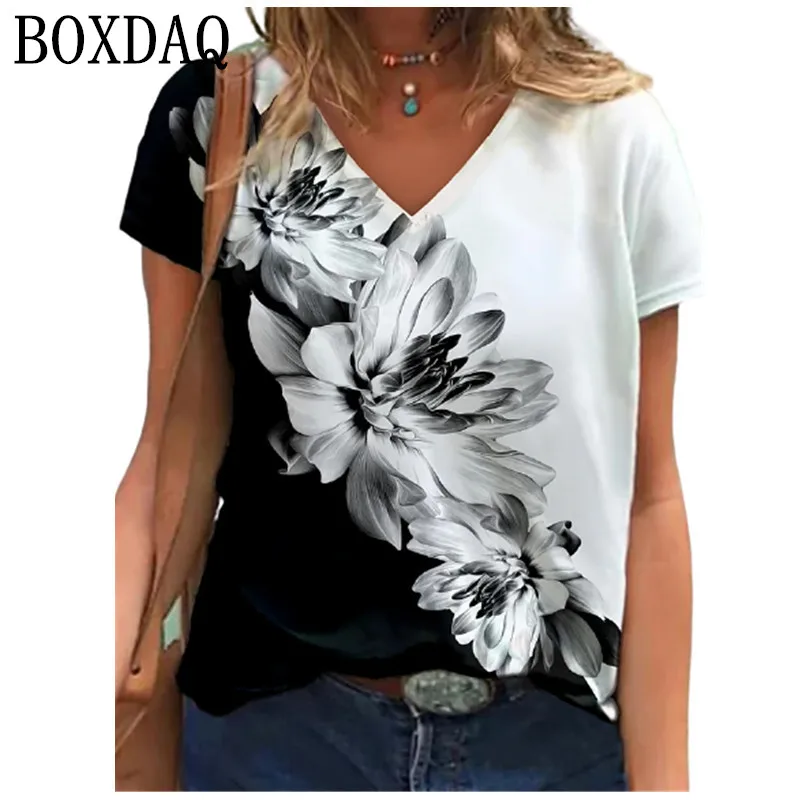 

Vintage 3D Flower Print Women T Shirt Short Sleeve Loose V-Neck Street Tee Casual Oversized Tops Summer 2022 New Fashion Clothes