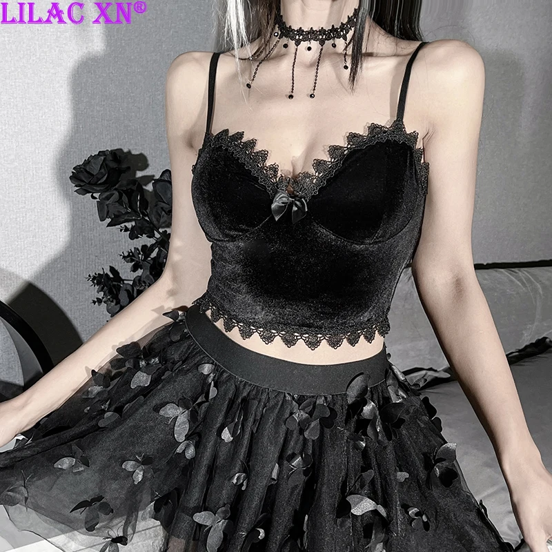 

Y2K Sexy Lace Trim V-Neck Backless Camis Goth Black Velvet Corset Crop Tops Women Summer Tops Aesthetic Tank Tops Streetwear