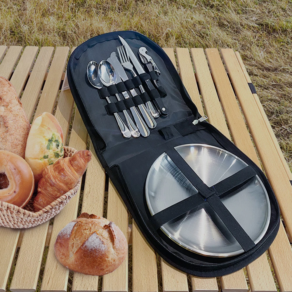 

Outdoor Portable Tableware Set Stainless Steel Picnic Cutlery Steak Knife Spoon Flatware Cloth Plate Dinnerware Kit Camping Bags