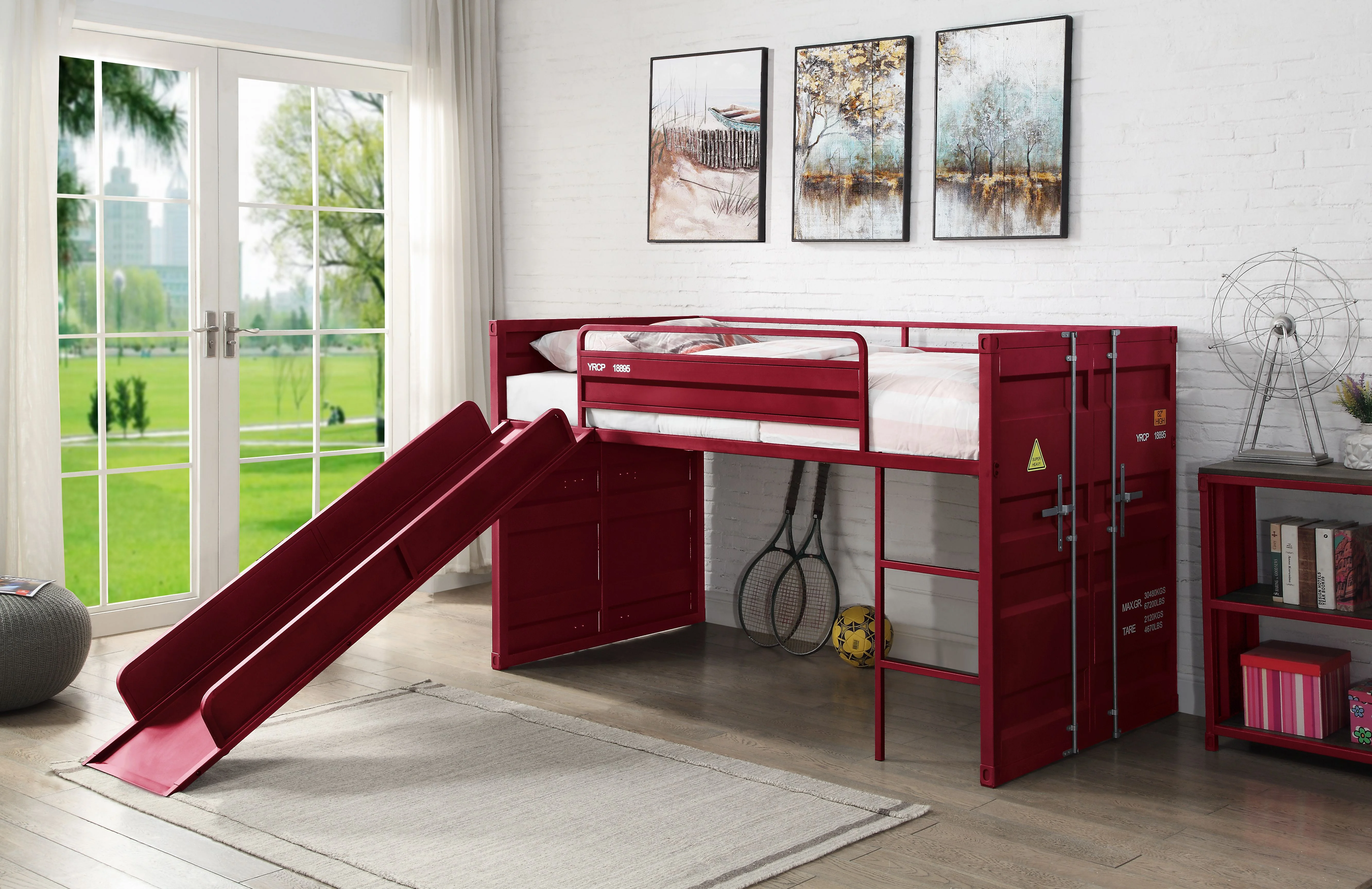 

Cargo Twin Loft Bed w/Slide, Red Finish 38300