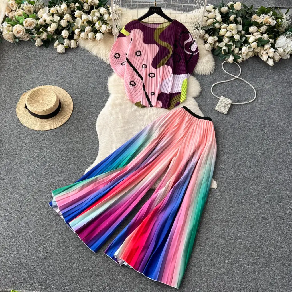 

Summer Fashion New Colorful Elegant Pantsuit Women Vintage Slim Tops and Pants 2 Pieces Set Female Party Beach Outfits Clothes