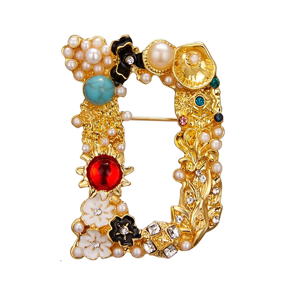 

Letter Shaped Brooch Scarf Clothes Decorative Brooch Breast Pin Pearl Rhinestone Badge Jewelry G