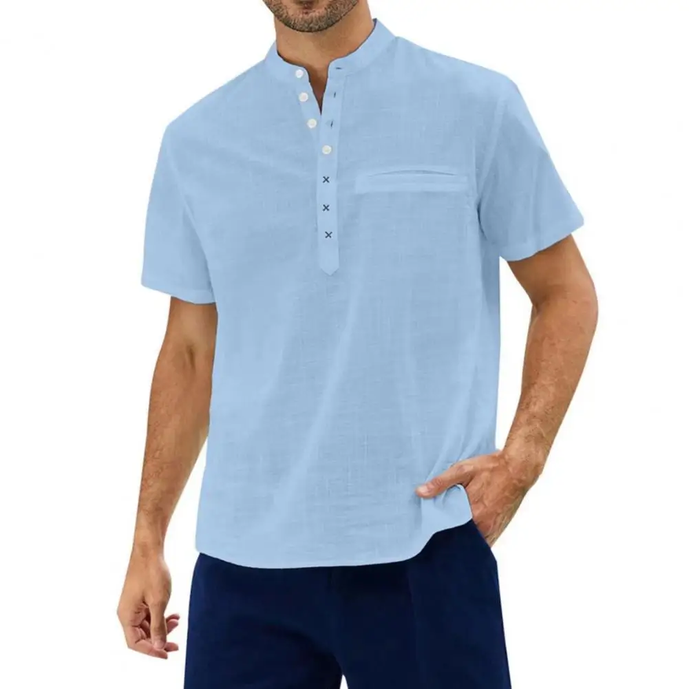 

Men‘s’ Shirt Solid Color All Match Stand Collar Short Sleeve Pullover Male Handsome Casual Summer Shirt for Work 2022 New Style