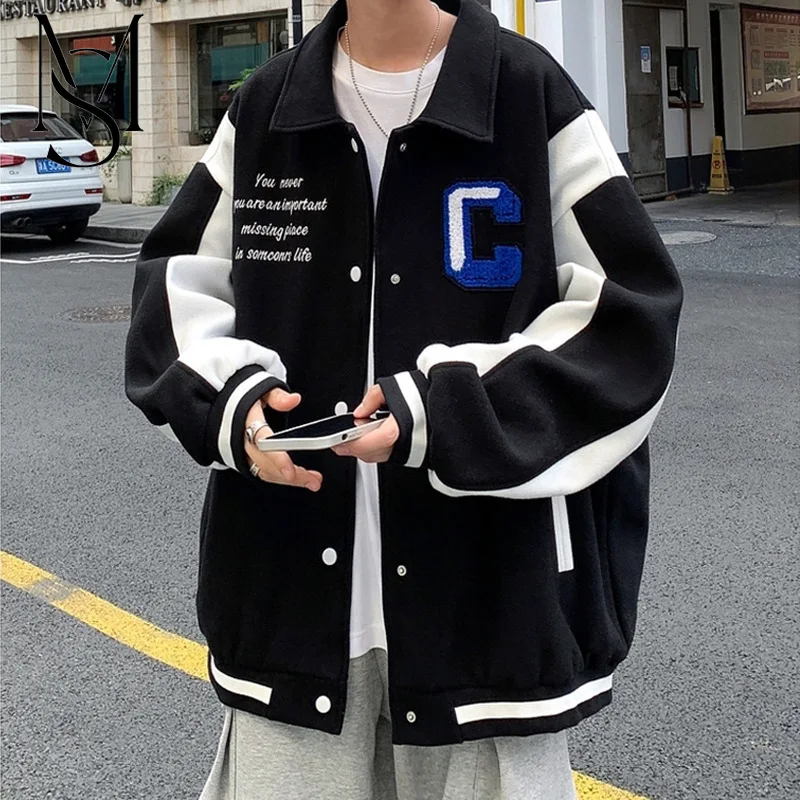 

Black and white patchwork Guangzhou baseball suit Men's winter cotton thickened jacket oversize cotton coat cotton coat trend