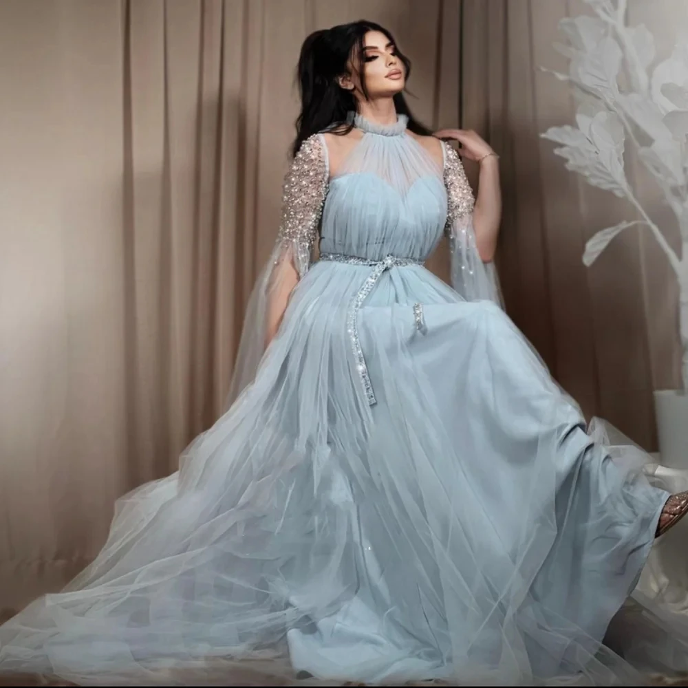 

Modest Beaded A Line Prom Dresses High Neck Split Sleeve Prom Gown Pleat Tulle Long Special Occasion Dress with Belt