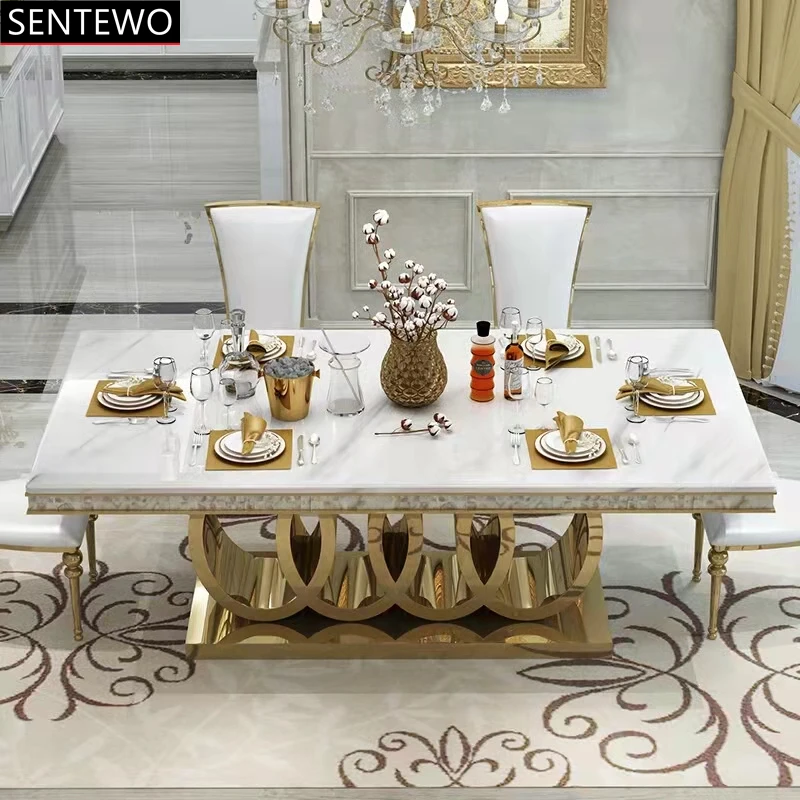 

Luxury Rock Slab Dining Tables With Chairs Set Stainless Steel Gold Base Faux Marble Table Dinner Chair Set Ensembles De Meubles