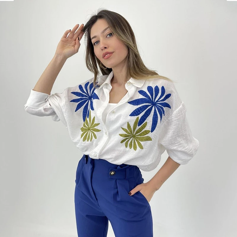 

Women's Elegant Embroidery Single Breasted Shirt Ladies Office Blouse Work Shirts Drop Shoulder Loose Tops Spring Autumn New