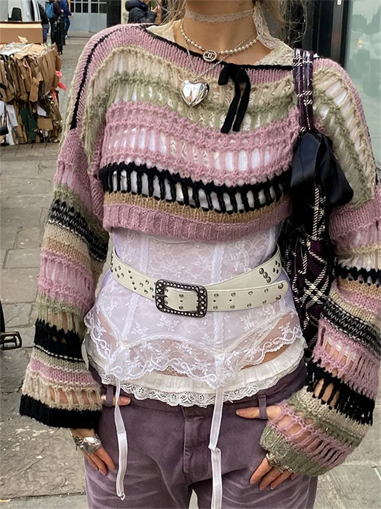 

2023 Dark Kitted Vintage Gothic Loose Hollow Out Sweaters Retro Y2k Fairy Grunge Streetwear Crop Shrug Tops Sexy Striped Outwear