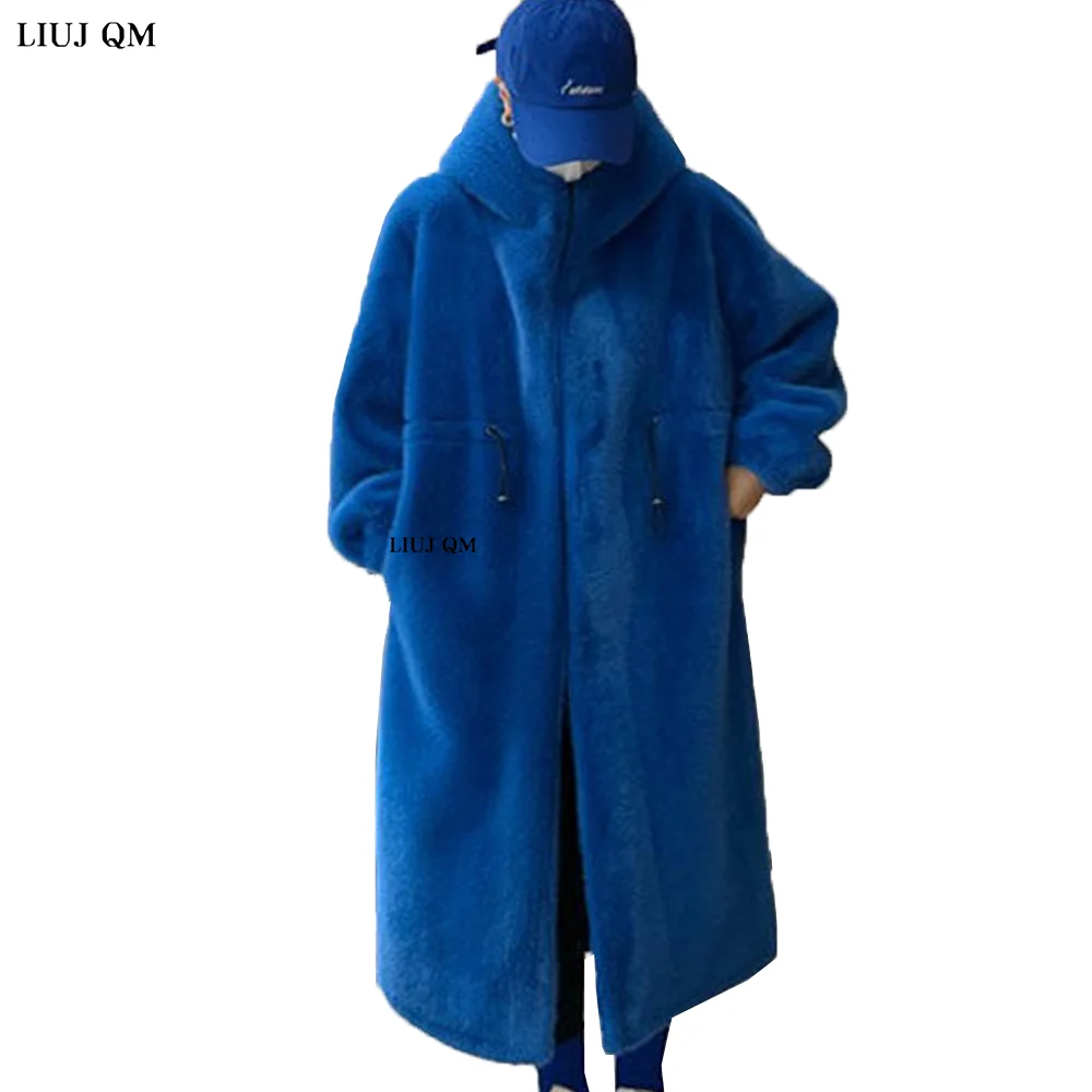 Female Winter Long Fur Jacket Oversized Warm Parka Thick Blue Fluffy Faux Fur Coat Women With Hood 2022 Loose Korean Fashion