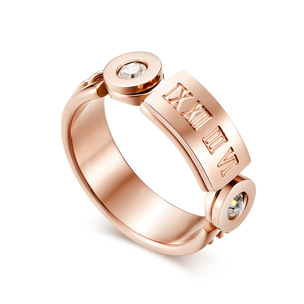 

Wholesale Hot Sales Rose Gold Roman Digital Ring for Women with Chain Fashion Accessories Anniversary Birthday Gift Jewelry